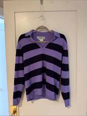 Silk and Cashmere Carlisle Purple and Black Striped V-Neck Polo Sweater